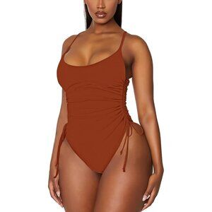Women's Orange Ruched High Cut One Piece Tummy Control Swimsuit